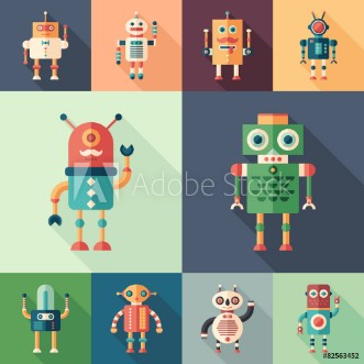 Picture of Set of colorful robots flat square icons with long shadows